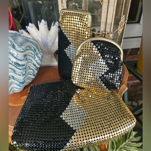 Vintage Gold Black & Silver Metal Mesh Bag Glasses Case and Coin Wallet Set
